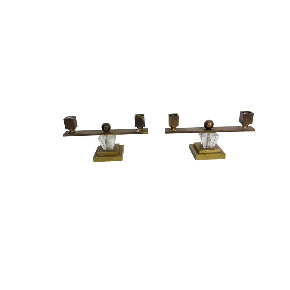 Vintage 70s Brass Lucite Double Candlesticks Pair MCM Modernist Brutalist 9”